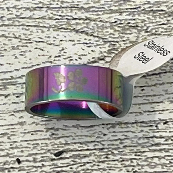 Stainless steel band Ring US size 6/size 17 UK rainbow with flower design - Picture 1 of 9